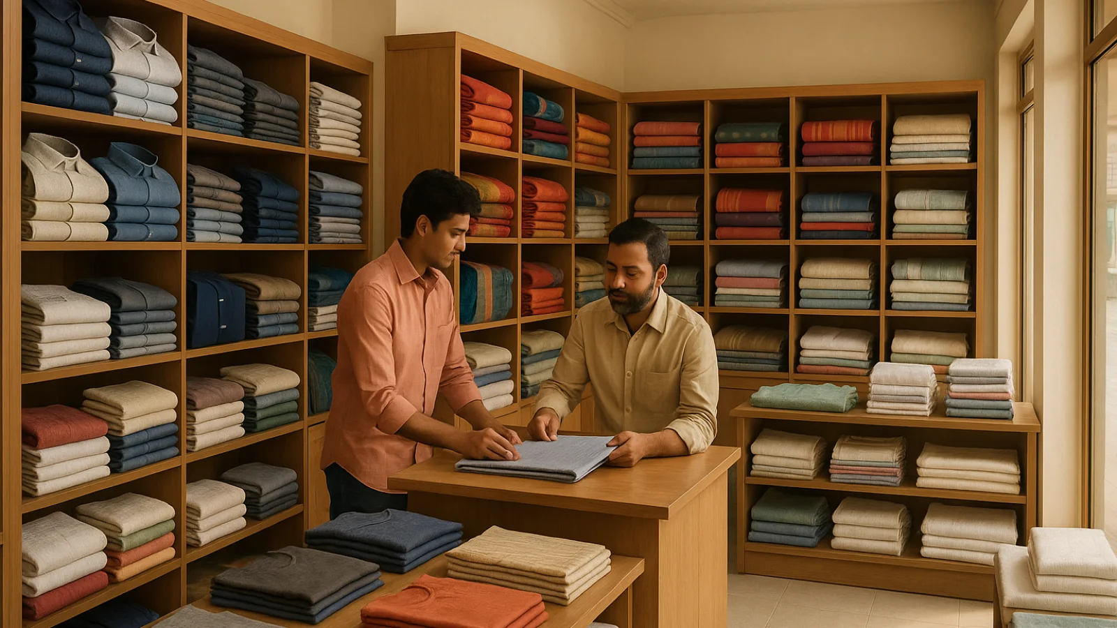 Editorial view of a modern garment and home-textile shop display at Balram Complex in Tarapur, Bihar