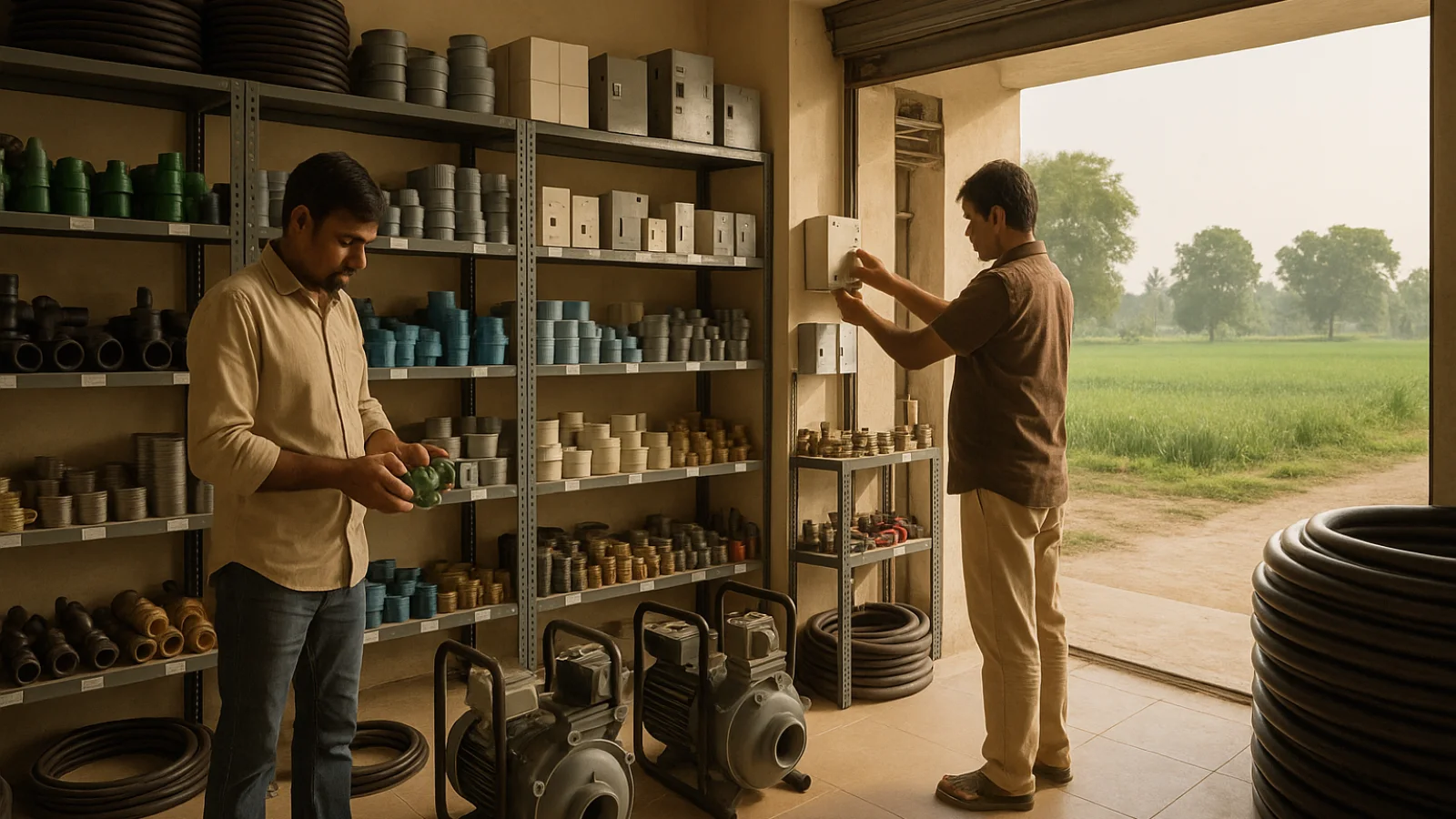 Tarapur agri-retail shop team organising pump, electrical and irrigation parts for daytime farm service
