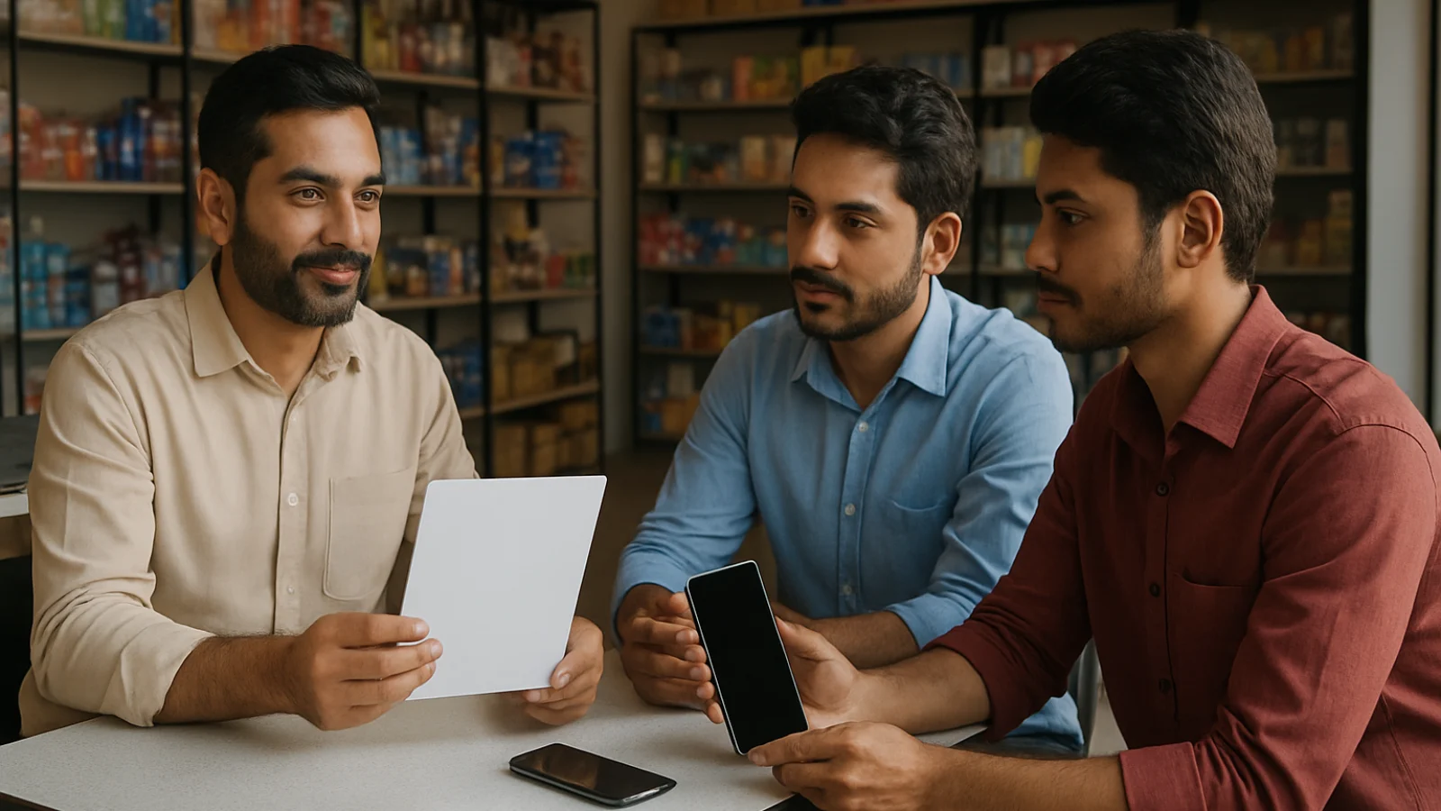 Tarapur retail owner discussing a blank role card with two adult job candidates inside an organised small shop