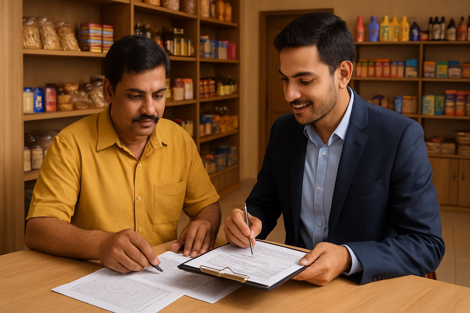 Editorial view of a Tarapur shop owner reviewing staff records and compliance planning at Balram Complex