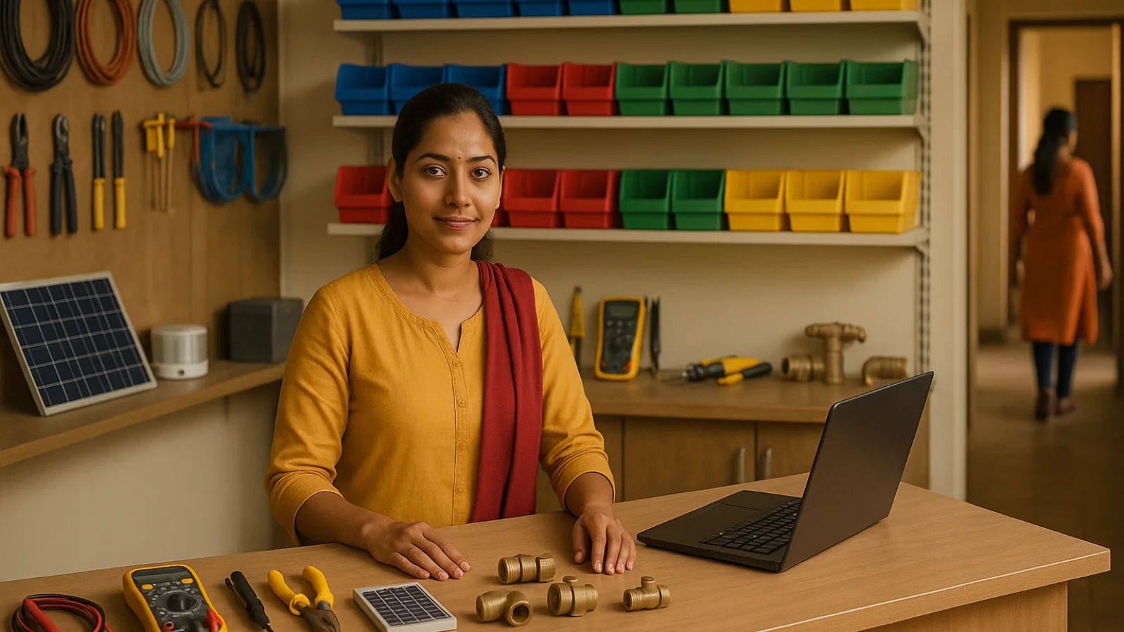 Indian woman technician planning an organized service-shop workbench at Balram Complex in Tarapur