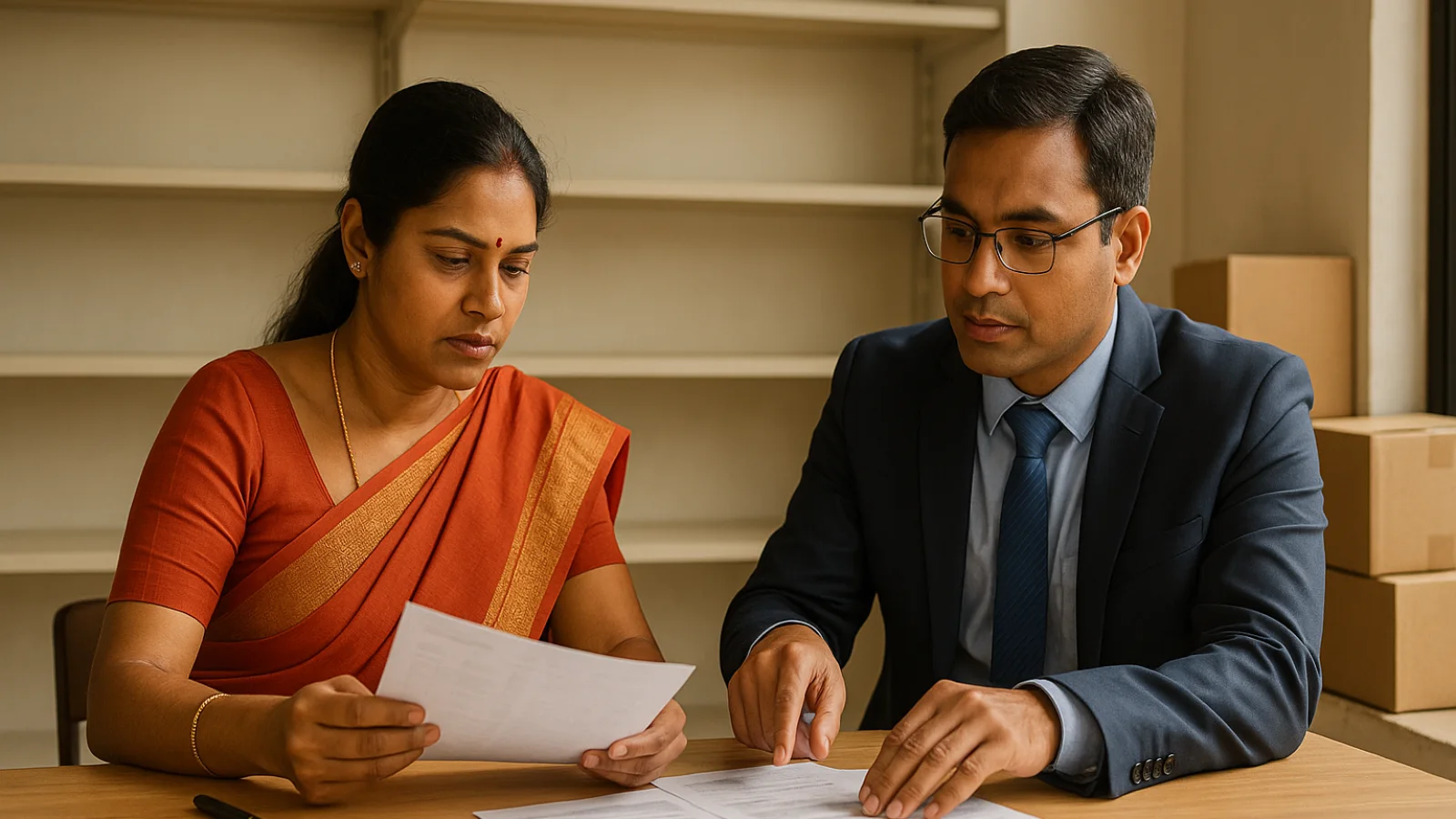 Tarapur woman entrepreneur reviewing shop fit-out costs and inventory plans with a lending officer
