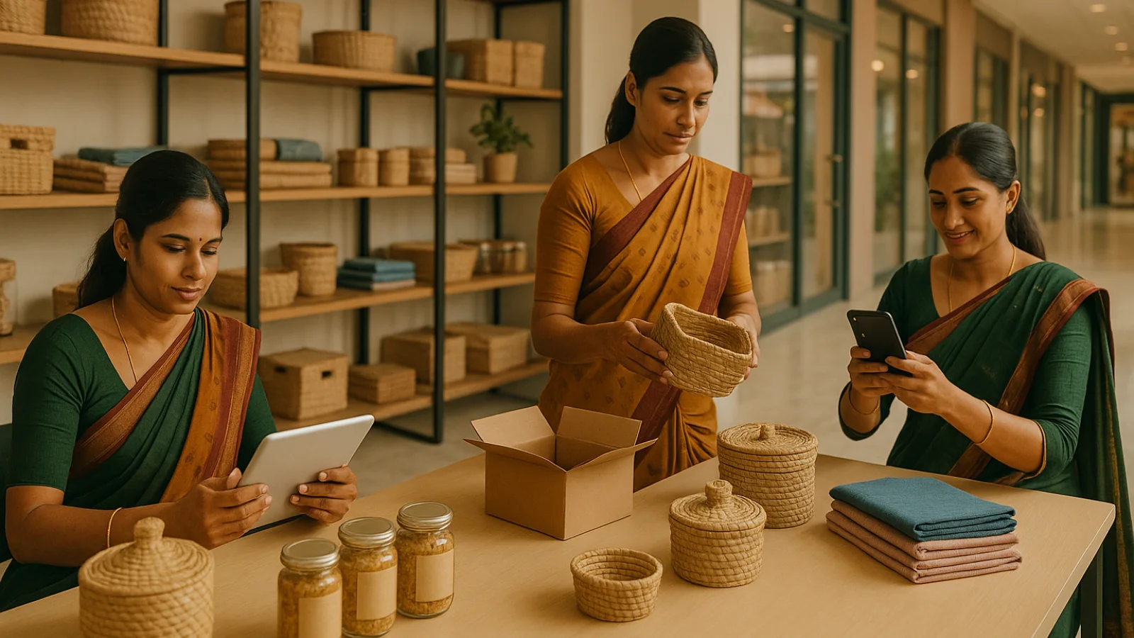 Women-led Tarapur SHG team preparing handmade products and a digital catalogue inside a modern commercial shop