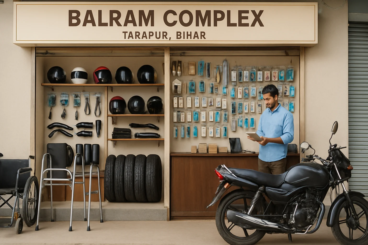 Editorial view of a Tarapur mobility accessories and service counter prepared for Balram Complex customers