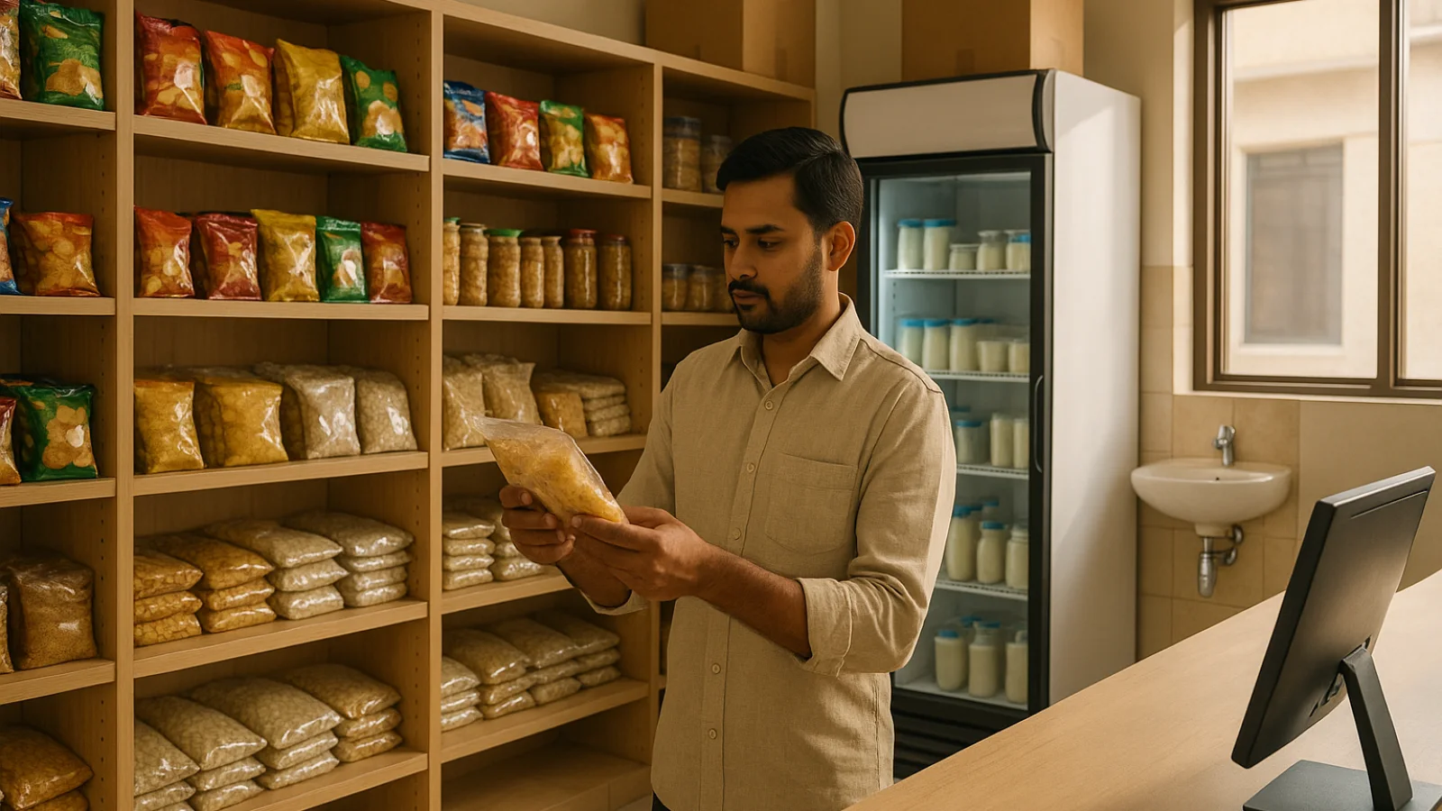 Tarapur food shop owner checking packaged stock in a clean, organized retail unit at Balram Complex