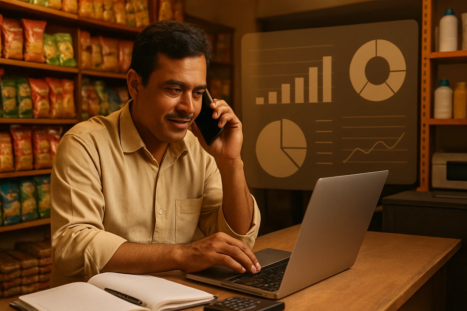 Editorial view of a Tarapur shop owner using AI and digital tools for Balram Complex retail planning