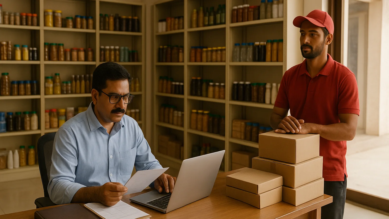 Editorial view of a Tarapur shop team checking dispatch records and delivery parcels before GST e-way bill changes