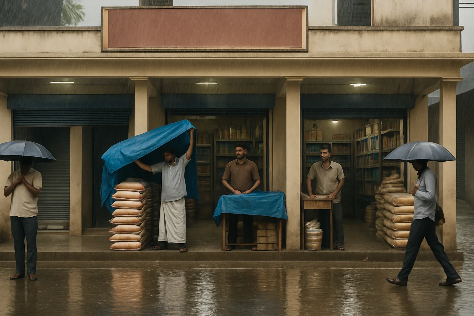 Editorial view of Balram Complex shops preparing stock and customer access during monsoon rain in Tarapur