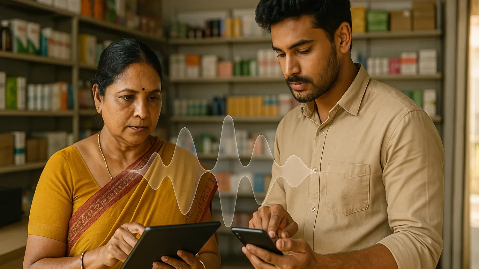 Tarapur shop owner testing a Hindi voice enquiry workflow with staff on a tablet inside a modern retail unit