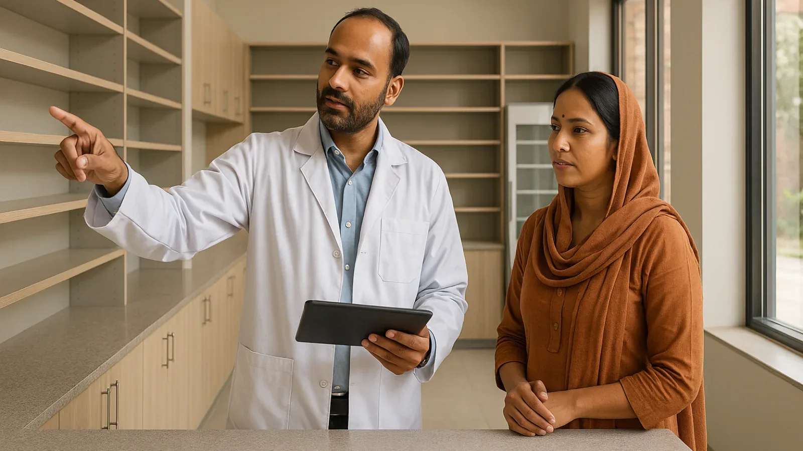 Indian pharmacist and shop owner reviewing pharmacy layout and stock planning inside a clean Tarapur retail unit