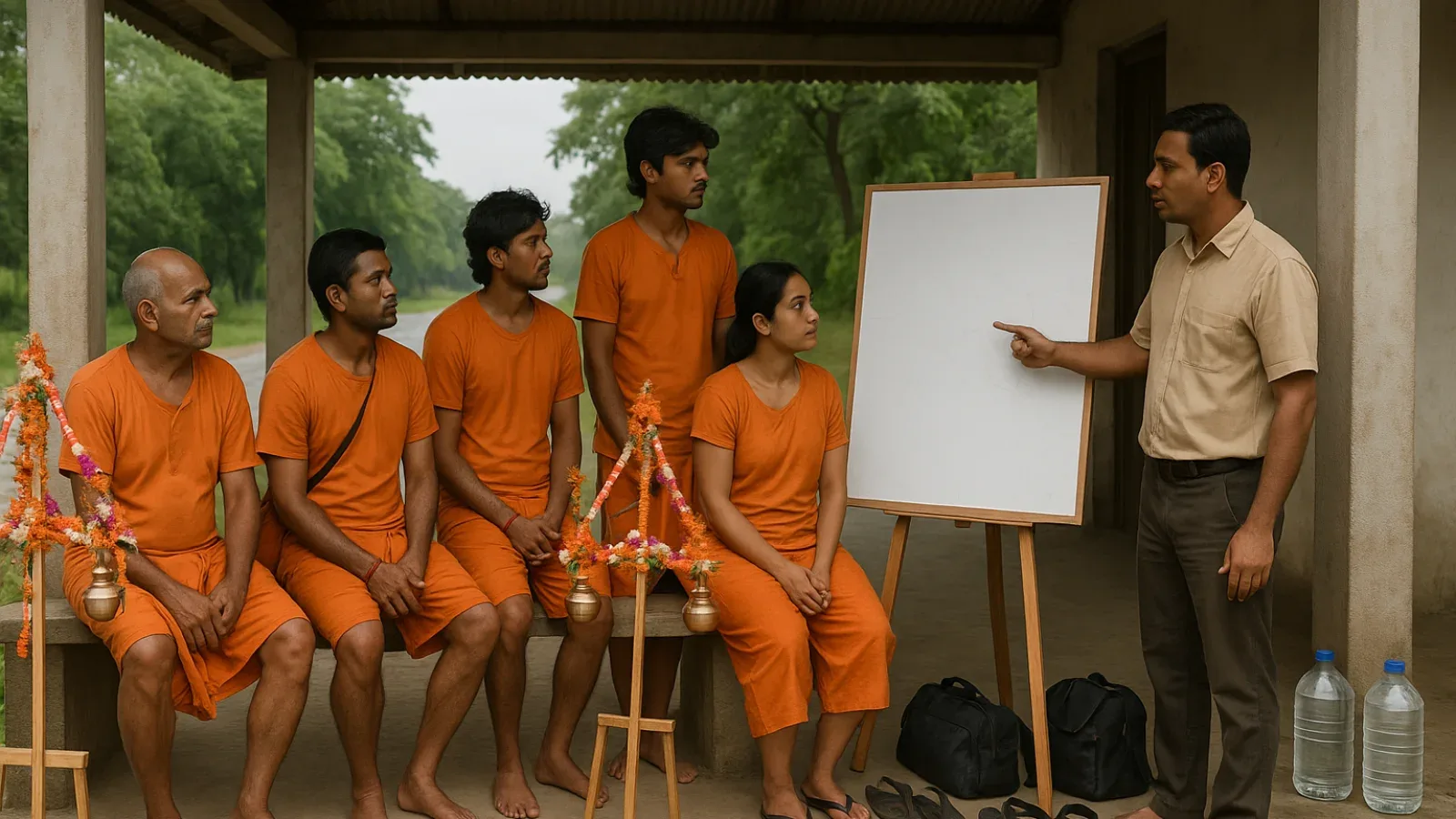 Kanwariya pilgrims planning a respectful rest stop with a local host at a clean Tarapur shelter during Sawan 2026