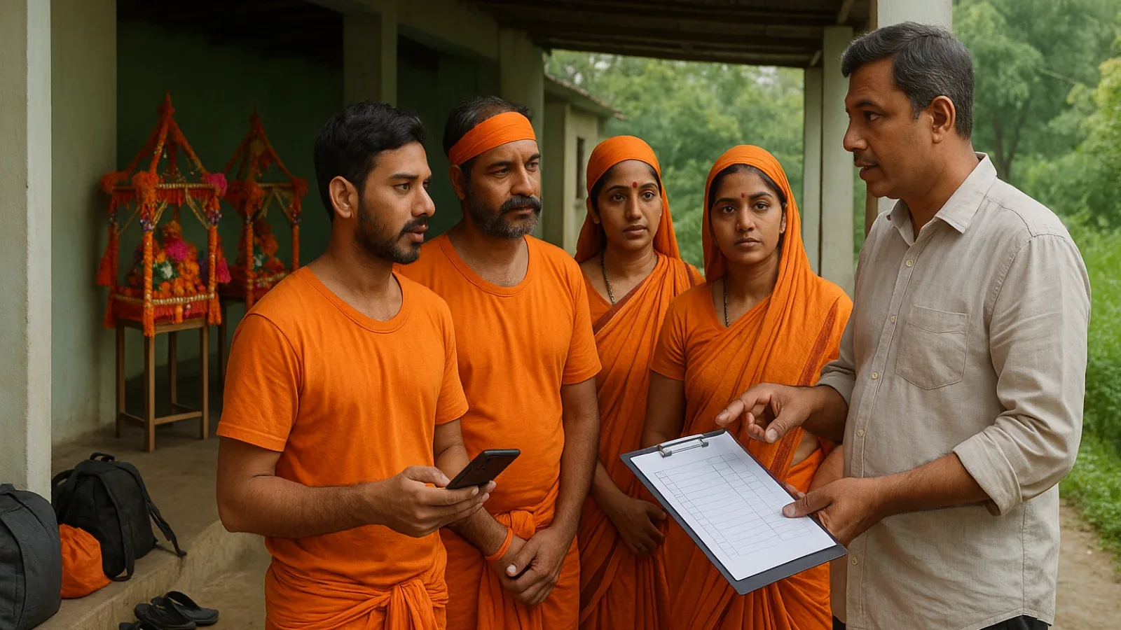 Kanwariya group leader and local host reviewing a stay enquiry checklist at a respectful Tarapur rest space during Sawan 2026