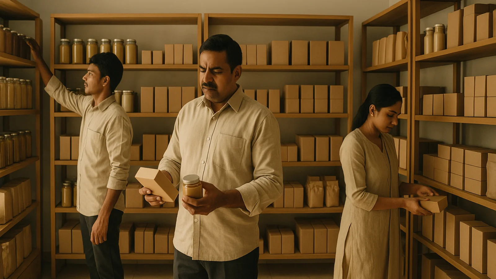 Tarapur retail team reviewing sales, stock and customer data inside a modern Balram Complex shop