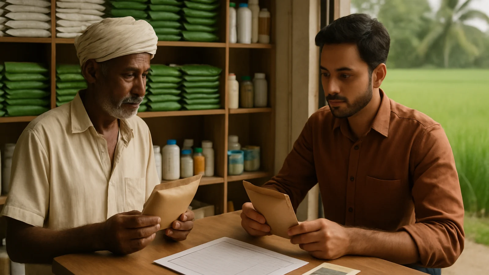 Tarapur farmer and agri-retailer reviewing sealed seed packets and soil information at an organised shop counter