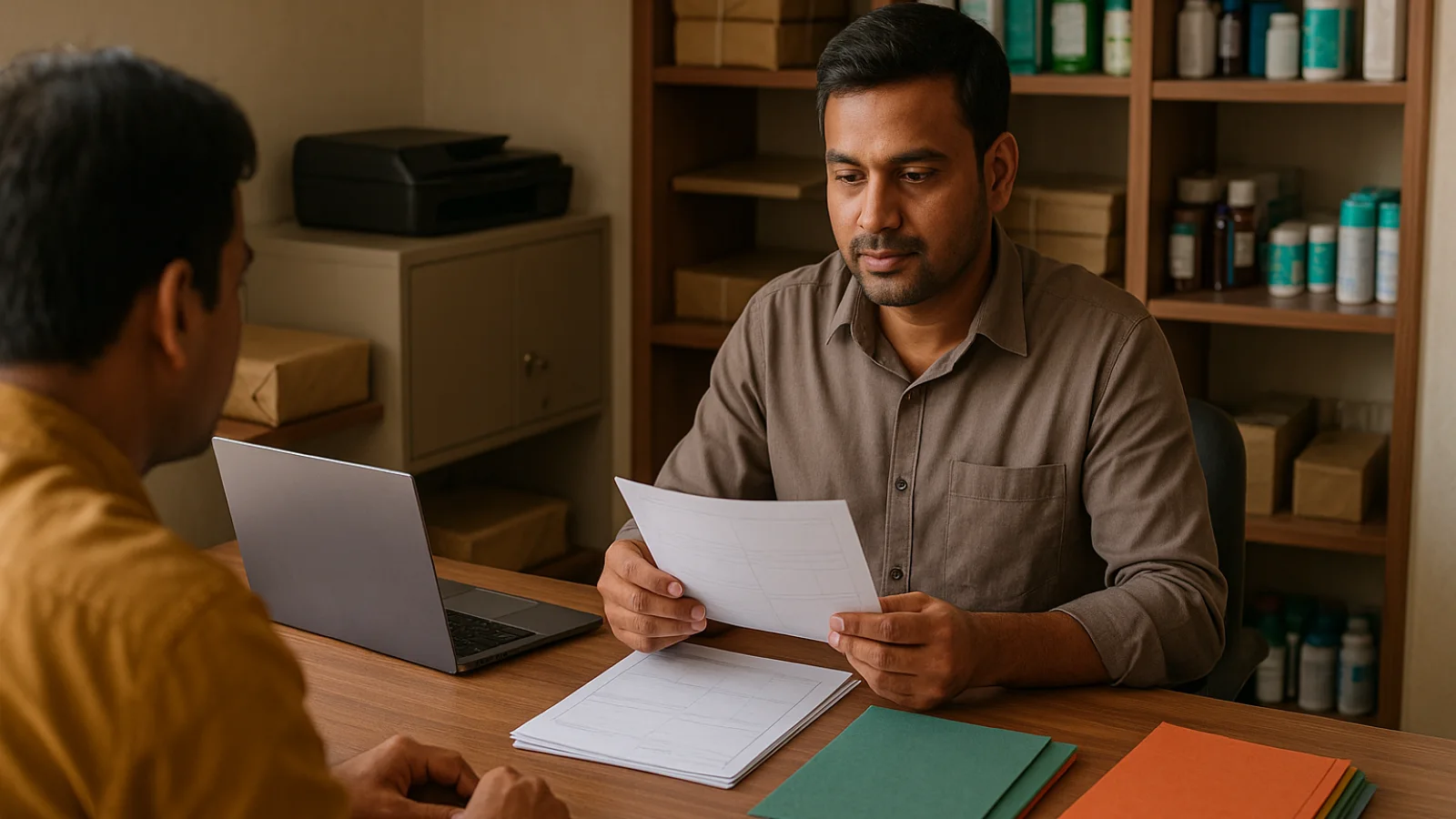 Tarapur shop owner organizing invoices and delivery records at a Balram Complex business desk