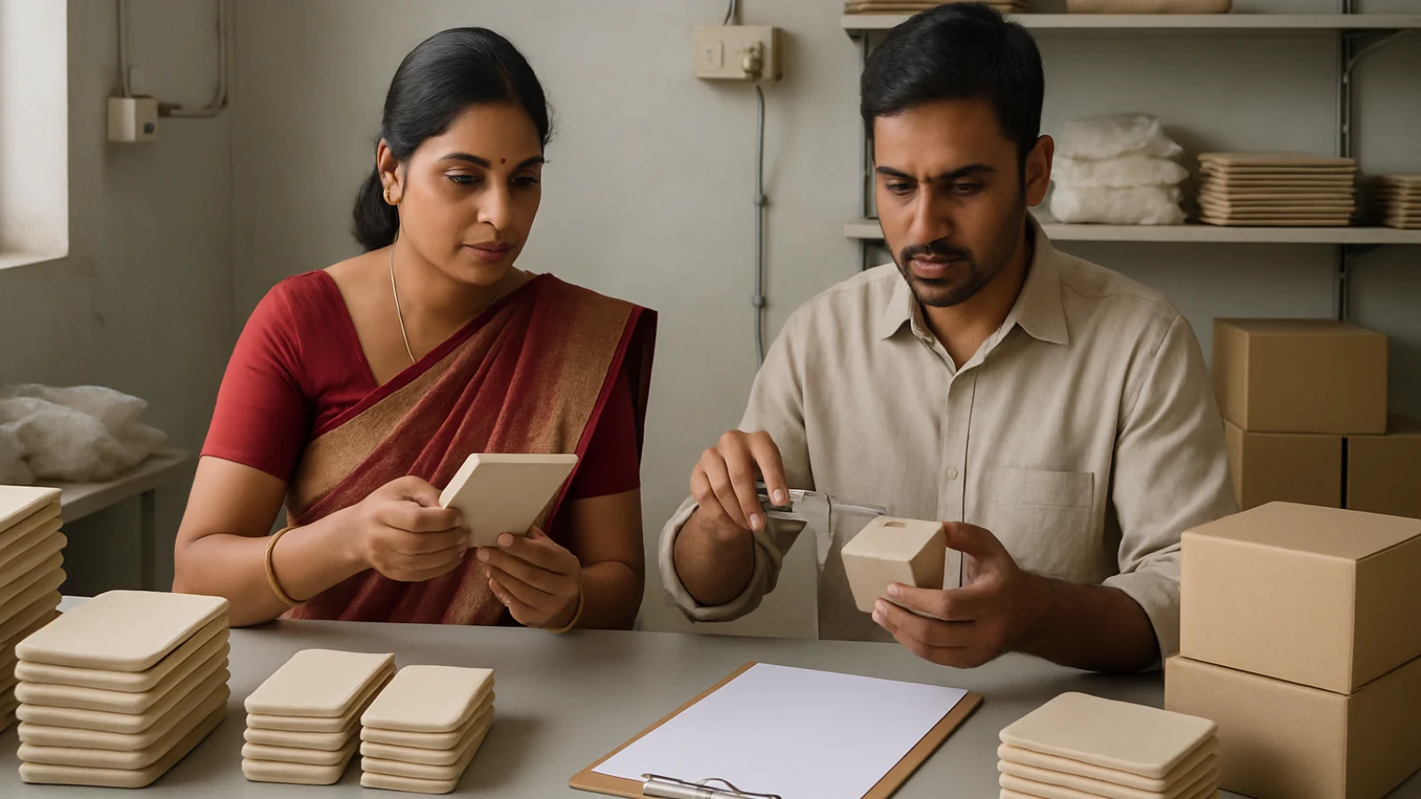 Tarapur entrepreneurs checking product quality in an organised small manufacturing and packaging workspace