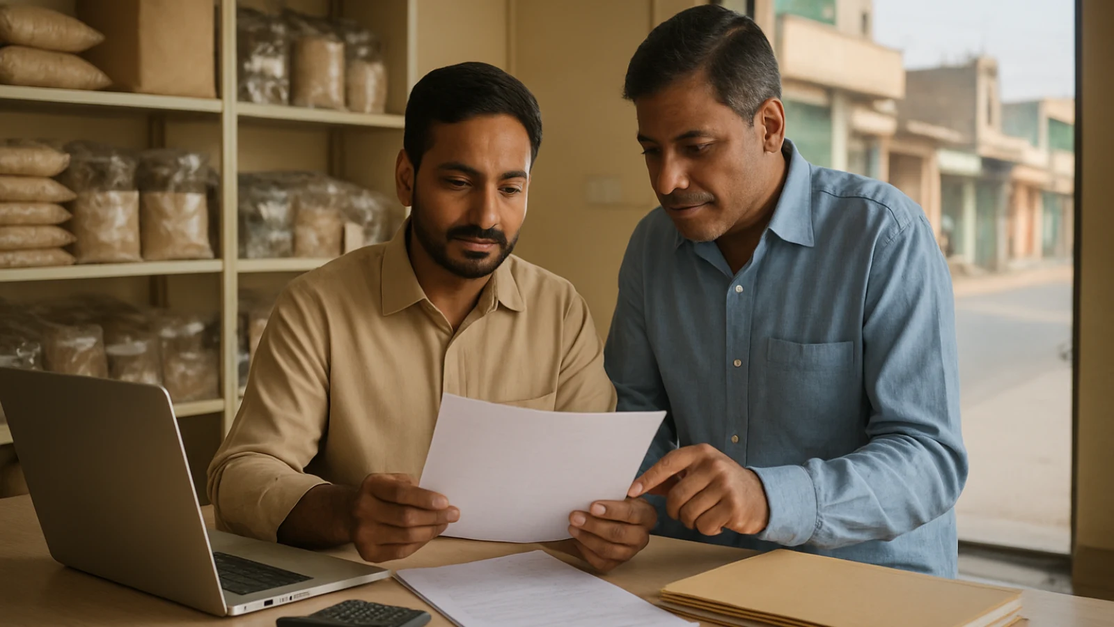 Tarapur shop owner and supplier reviewing purchase, delivery and payment records at a clean retail counter