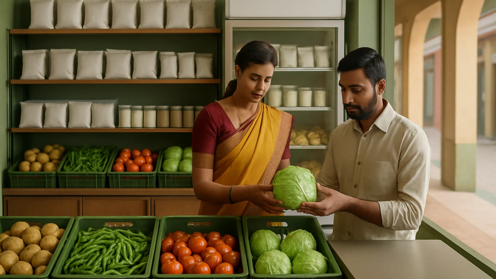 Editorial food retailer checking fresh produce and packaged stock in a clean Tarapur commercial arcade shop
