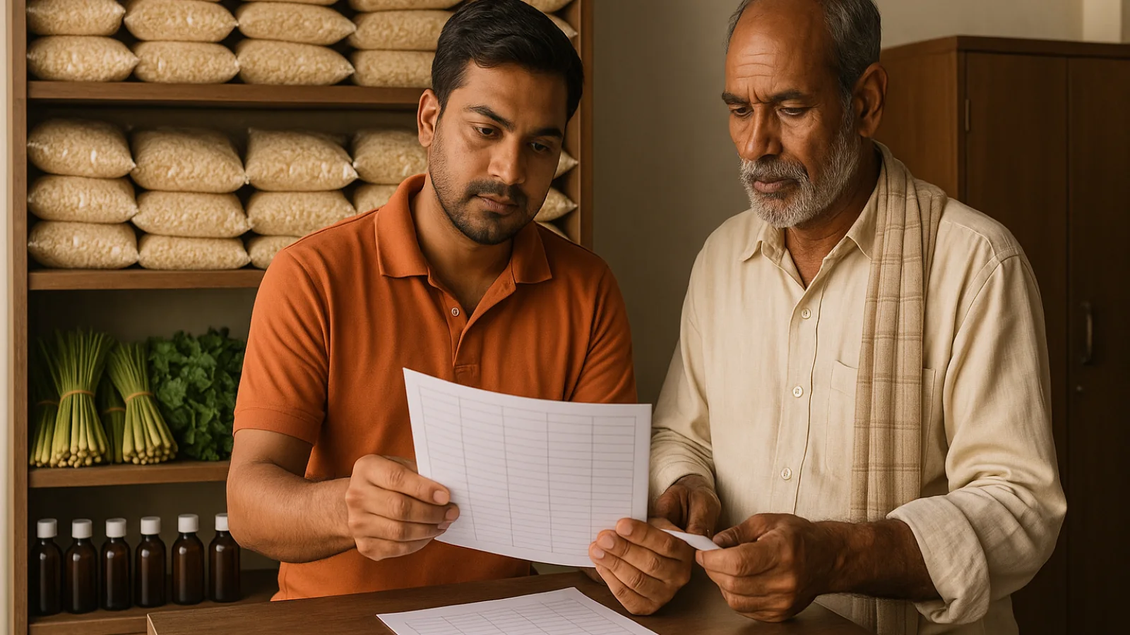 Tarapur retailer checking Munger-linked lemongrass, mentha and rice-product stock with a supplier