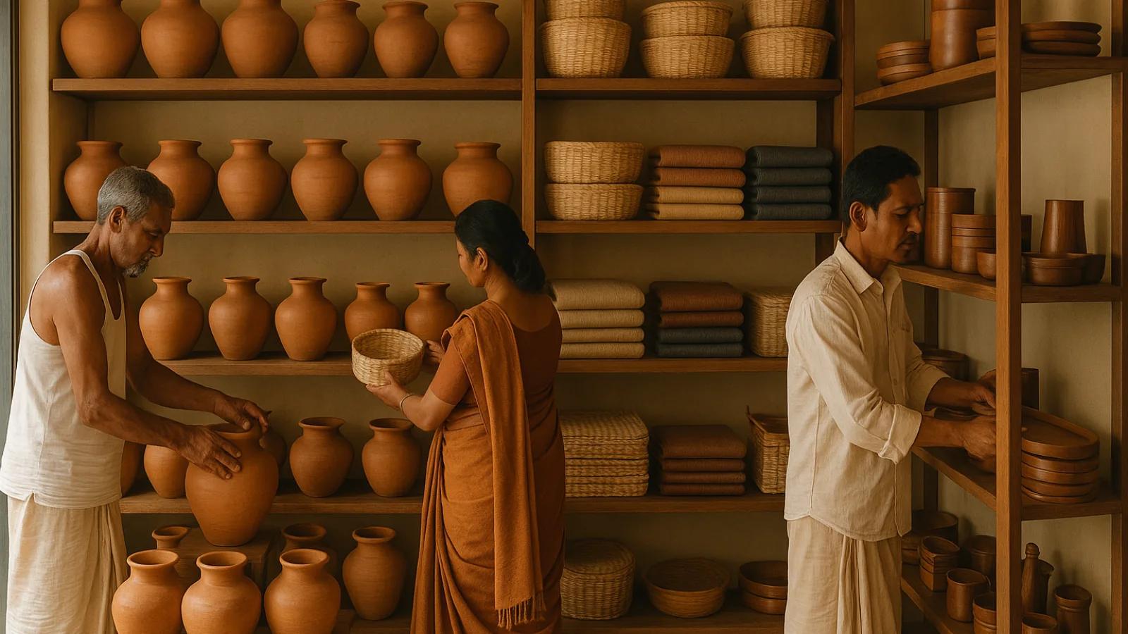 Editorial view of Tarapur artisans arranging handcrafted goods in a clean Balram Complex retail workshop