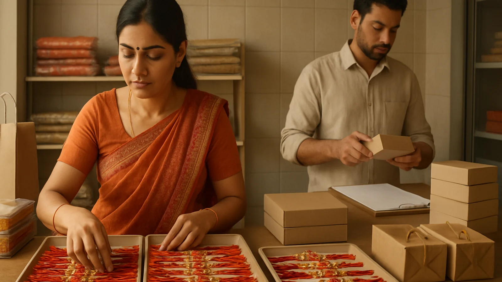 Tarapur shopkeepers arranging unbranded Rakhi gift bundles and checking a pre-order list before Raksha Bandhan