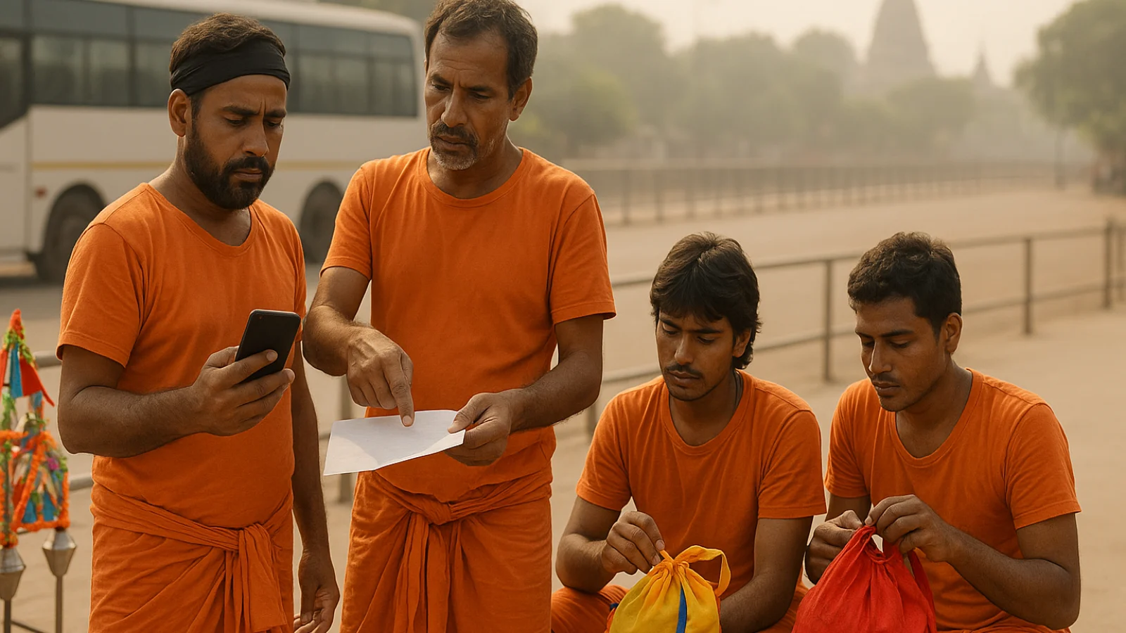 Kanwariya pilgrims coordinating their return journey at an orderly covered regrouping point in Deoghar during Sawan 2026