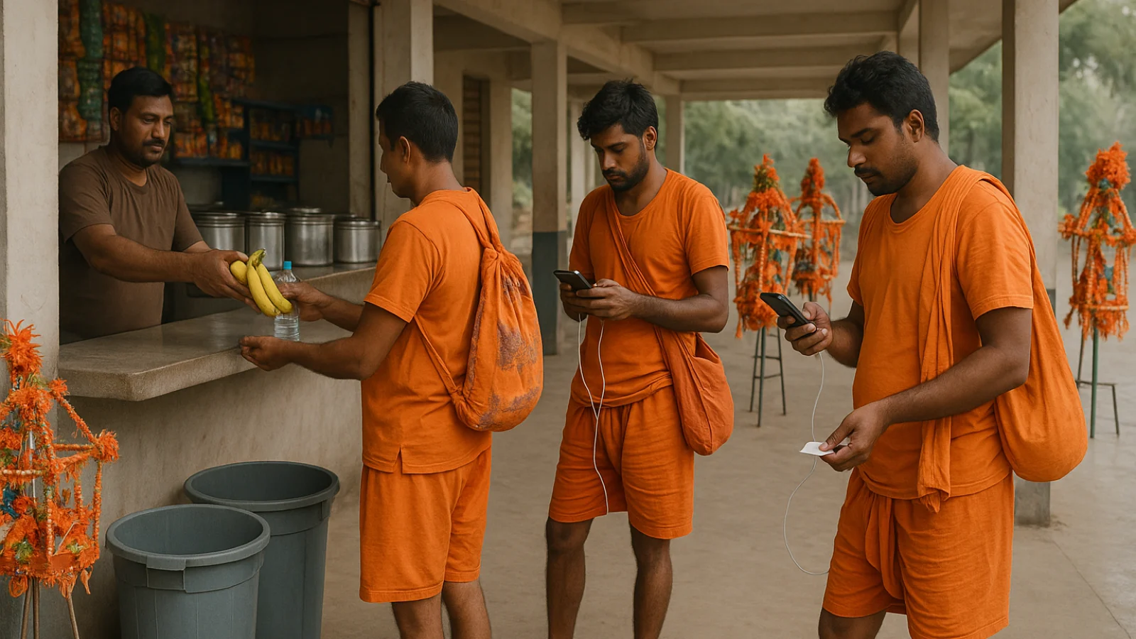 Adult Kanwariya pilgrims using an organised essentials, charging and waste-sorting counter at a covered Tarapur rest point