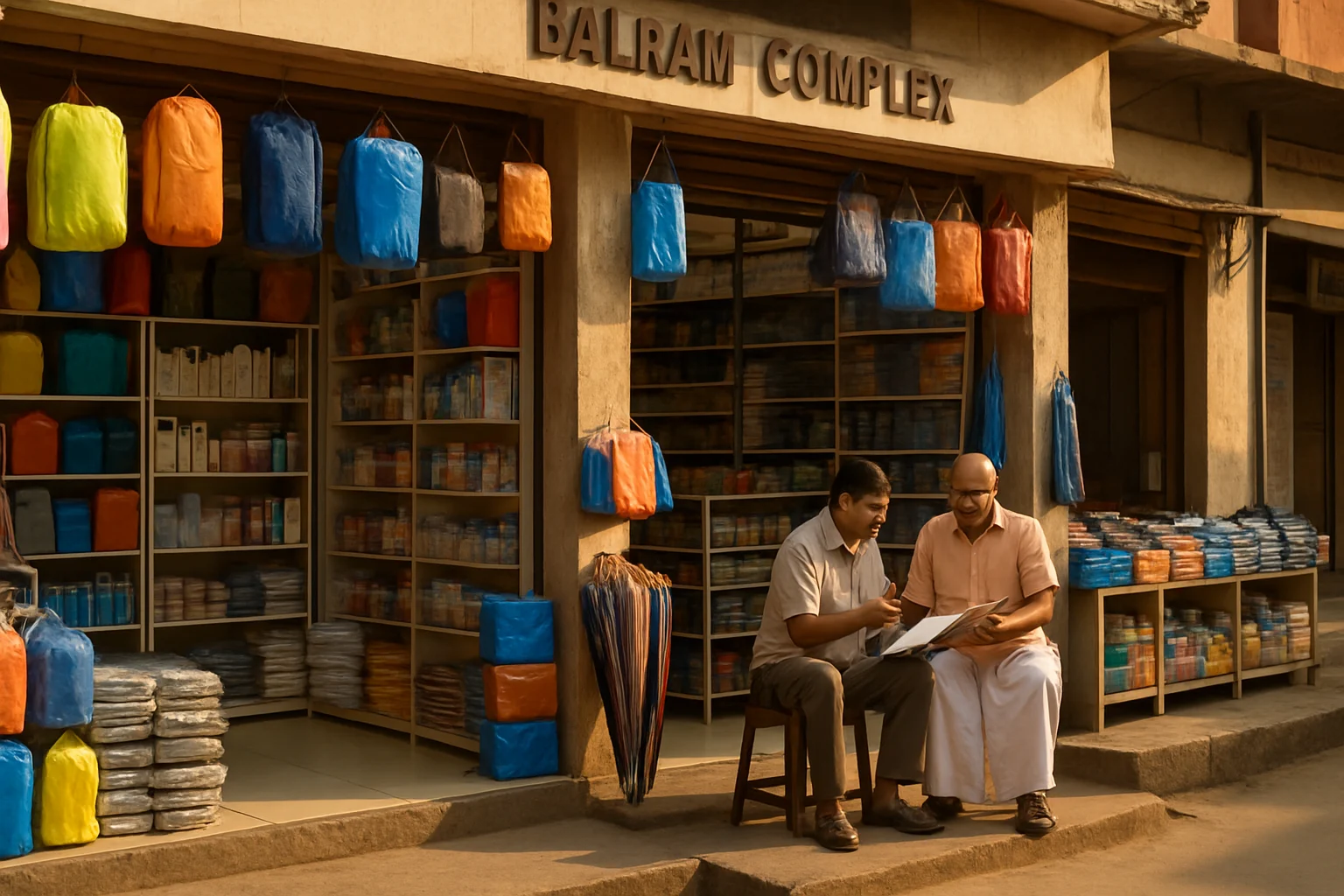 Editorial view of Tarapur shopfronts preparing seasonal retail stock for Shravani Mela near Balram Complex