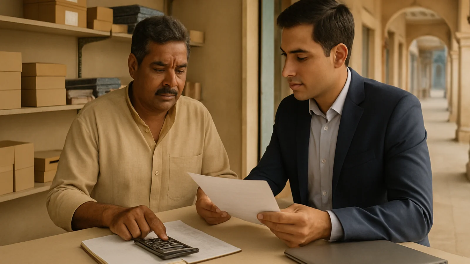 Tarapur shop owner and leasing adviser reviewing a retail finance budget inside a clean commercial unit