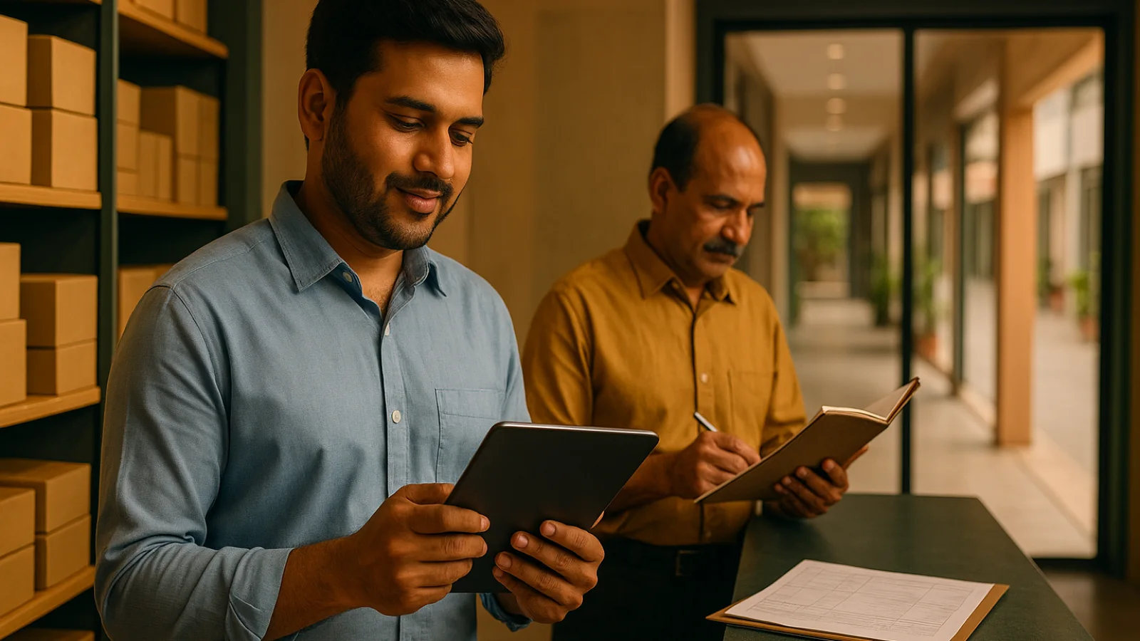 Tarapur MSME shop owner reviewing a digital invoice and cash-flow plan inside a modern commercial retail space