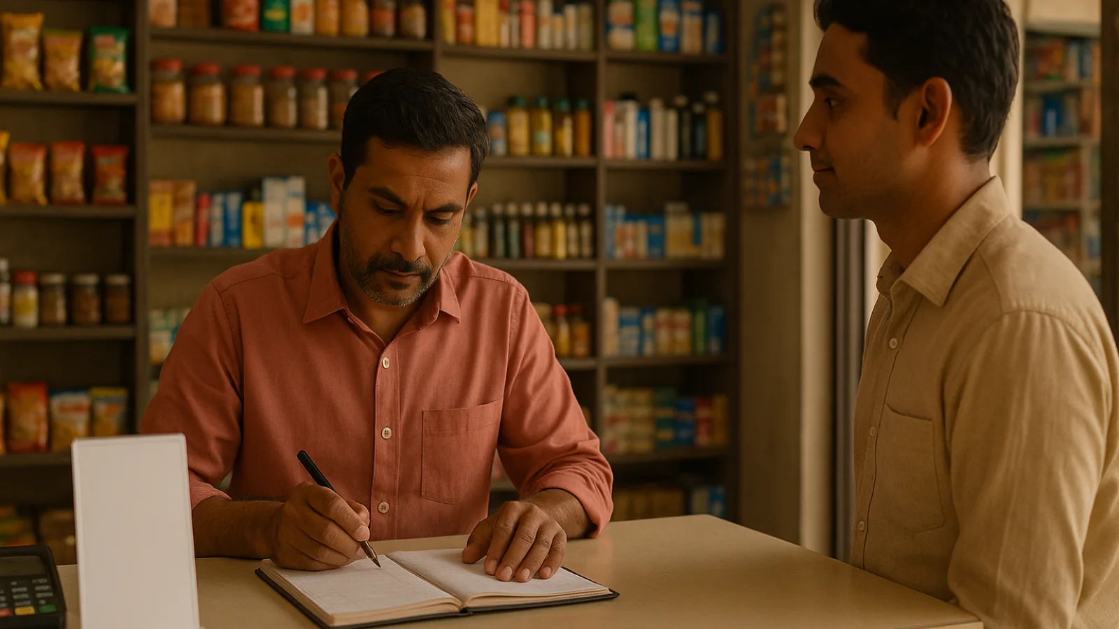 Editorial view of a Tarapur shop owner reconciling UPI receipts at an organised retail counter
