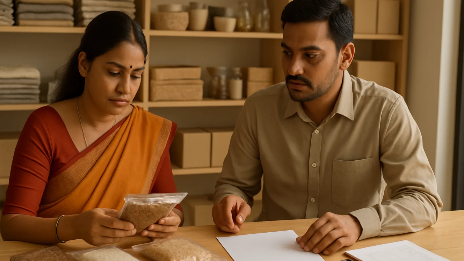 Tarapur retailer and Indian supplier reviewing unbranded product samples, invoices and a stock checklist